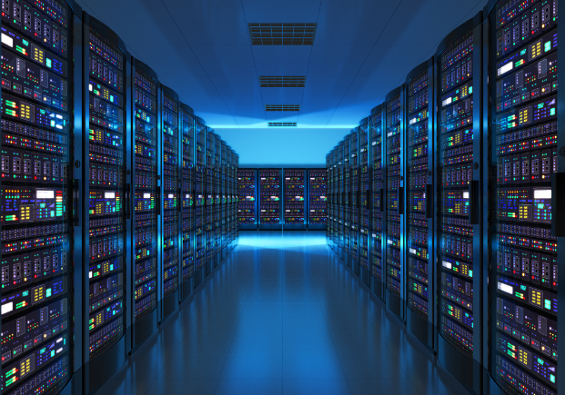 The interior of a server room in a data center.